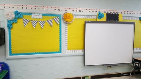 Chevron yellow, gray, and turquoise classroom theme Turquoise Classroom Theme, Yellow Bulletin Board Ideas, Yellow Classroom Decor, Turquoise Classroom, Middle School Classroom Themes, Yellow Classroom, Classroom Decor Calming, Calming Classroom, Classroom 2023