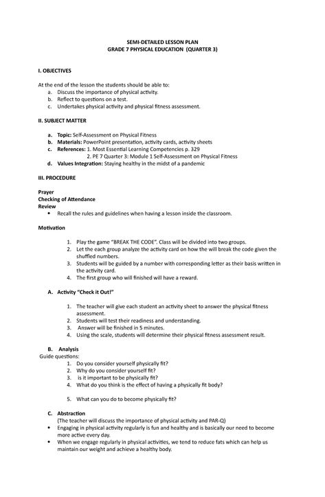 SEMI- Detailed LP - SEMI-DETAILED LESSON PLAN GRADE 7 PHYSICAL EDUCATION (QUARTER 3) I. OBJECTIVES - Studocu Pass Your Exams, Physical Education Lesson Plans, Physical Education Lessons, High School Books, Better Grades, Elementary Lesson Plans, Lecture Notes, Outdoor Education, Grade 7