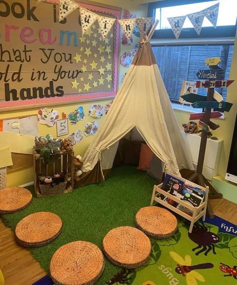 Reggio Inspired Cozy Corner, Canopy In Classroom, Reading Corner Aesthetic Classroom, Reading Tent Classroom, Reading Corner Year 1, Natural Reading Corner Classroom, Nature Themed Library, Reading Corner Ideas Classroom, Classroom Book Nook Ideas