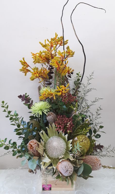 Premium native design with Kangaroo Paw and king proteas Corporate Arrangements, Bowl Snowman, Florist Website, Gift Arrangement, Florist Studio, Snowman Hat, Kangaroo Paw, Hat Tutorial, Rustic Wedding Flowers