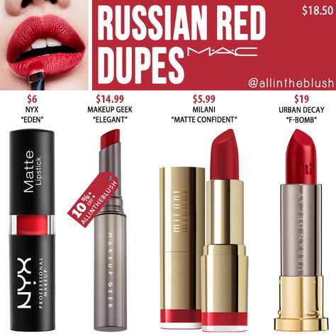 I have another MAC Cosmetics Lipstick dupe to share with you! The next shade up on the dupe list is “Russian Red“, an intense bluish-red... Mac Russian Red Lipstick, Russian Red Lipstick, Russian Red Mac Lipstick, Mac Red Lipsticks, Mac Russian Red, Mac Lipstick Colors, Mac Lipstick Shades, Mac Velvet Teddy, Perfect Red Lipstick