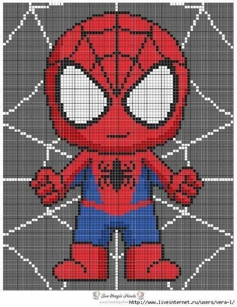 Cross Stitch Spiderman, Spiderman Cross Stitch, Spiderman Pixel Art, Two Magic Pixels, Crochet Bolero Pattern, Baby Spiderman, Kids Knitting Patterns, Hello Kitty Crafts, Pixel Crochet