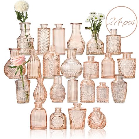 PRICES MAY VARY. 🌴 Premium 24-Piece Vase Set - Crafted from thick, durable glass, the Timeless Bud Flower Vase Set ensures durability and resistance to breakage. The vintage colors and intricate patterns create a stunning and attractive visual impact. Each exquisite glass vase needs the gentle touch of handwashing (not dishwasher-safe). 🌱 Elevate Special Events - Explore creative potential with these glass bud vases. Showcase a beautiful flower arrangement in a small vase or a tall vase. Our v Glass Vases Centerpieces, Glass Bud Vases, Vases For Flowers, Bud Flower, Small Glass Vases, Centerpiece Table, Colored Vases, Vintage Wedding Decorations, Clear Glass Vases