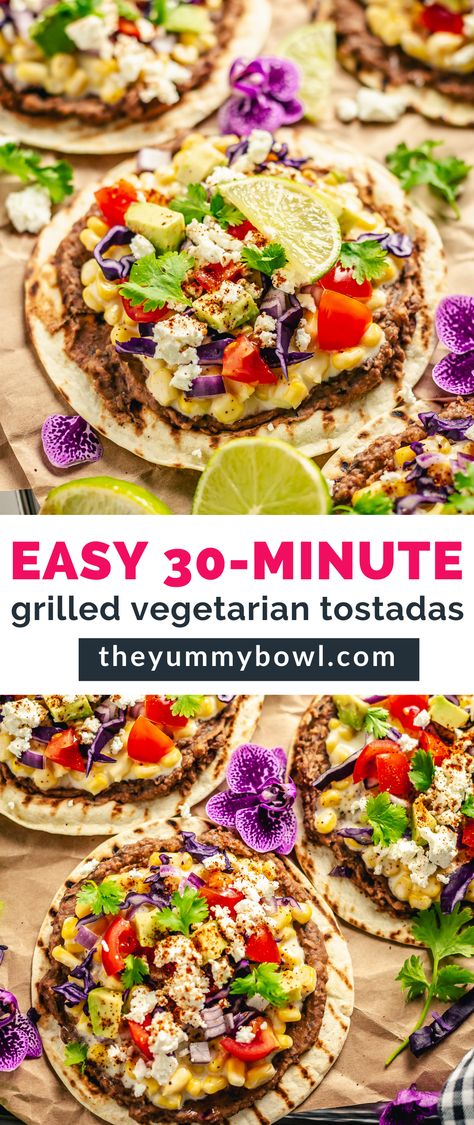 Easy and delicious grilled vegetarian tostadas are great to enjoy on their own or to accompany other Mexican food-inspired recipes. These tostadas are satisfying and loaded with refried beans, creamy corn, and your favorite tostada toppings. Tostada Toppings, Vegetarian Tostadas, Grilled Vegetarian, Black Bean Tostadas, Cheap Appetizers, Bean Tostadas, Yummy Bowl, Tostada Recipes, Bite Size Food