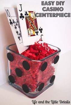 Easy DIY Casino Centerpiece for a Poker Party - Life and the Little Details Casino Themed Centerpieces Diy, Casino Theme Party On A Budget, Blackjack Party Decorations, Diy Casino Centerpieces, Card Game Theme Party, Poker Party Decorations, Texas Holdem Poker Party, Casino Table Centerpieces, Christmas Poker Party