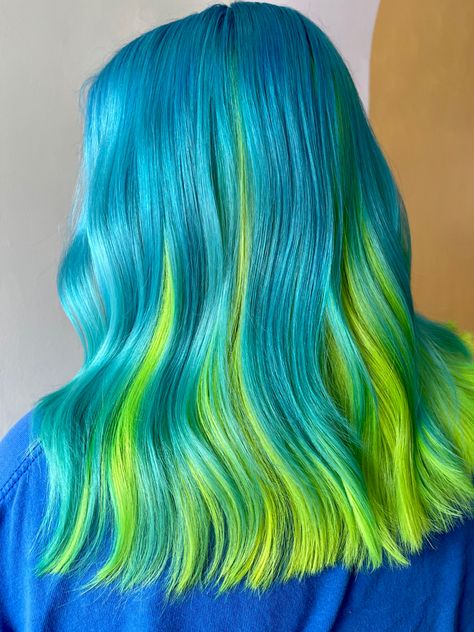 🌊 @pravana •aqua marine •neon green •neon yellow #bluehair #greenhair #yellowhair #colorblock #colorblockhair #pravana #pravanavivids #phillyhairstylist #phillyhair #phillysalon #philadelphiahairstylist #philadelphiahair Teal And Neon Green Hair, Yellow Hair Ideas, Neon Blue Hair, Blue Yellow Hair, Neon Hair Color, Hair Mood Board, Baby Blue Hair, Neon Green Hair, Interesting Hair