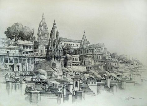 Kedarnath Pen Sketch, Banaras Painting, Varanasi Painting, Amit Bhar, Banaras Ghat, Indian Landscape, Urban Drawing, Sketches Architecture, Impasto Paintings