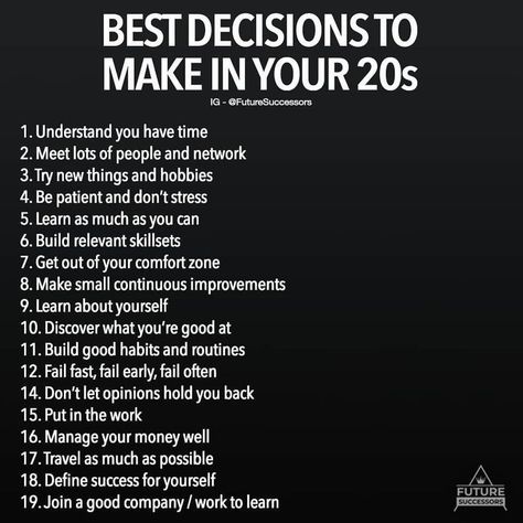 Ryan Scribner on Instagram: “What decisions are you making? ⠀ —⠀ TAG someone who needs to see this! 👇⠀ —⠀ ✅ Follow | @RyanScribnerOfficial | for more! 🎩⠀ ✅ Follow |…” 5 Hobbies, Finanse Osobiste, Your 20s, Millionaire Mindset, Entrepreneur Quotes, What’s Going On, Life Advice, Life Motivation, Self Improvement Tips