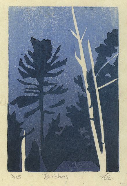 Birches | Two-color woodblock print. | Annie Haines | Flickr Serendipity Artist, Woodblock Printmaking, Woodblock Printing, Wood Block Printing, Relief Print, Japanese Woodblock Printing, Print Inspiration, Woodblock Print, Linocut Prints