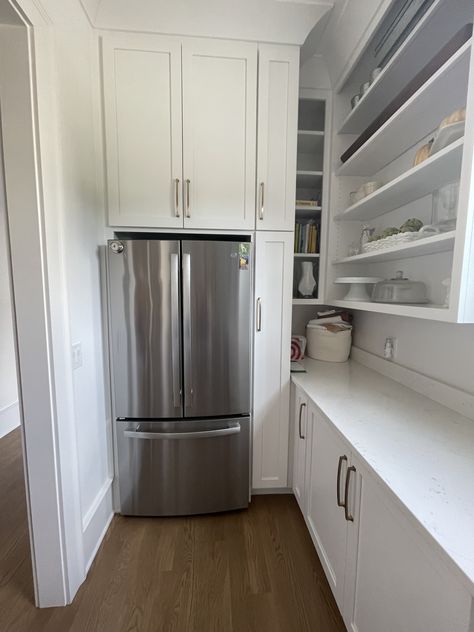 Pantry Room With Fridge, Small Pantry With Fridge, Pantry Beside Refrigerator, Pantry With Fridge And Freezer, Fridge Flush With Cabinets, Column Refrigerator And Freezer In Kitchen, Fridge And Pantry Wall, Full Size Fridge And Freezer Side By Side, Built In Standard Depth Refrigerator