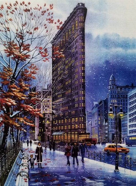 Watercolor painting of the historic Flat Iron building in New York City Manhattan Painting, Flat Iron Building New York, November Illustration, Flat Iron Building, Manhattan Art, Winter In New York, New York Manhattan, Christmas Stock Photos, Famous Cities