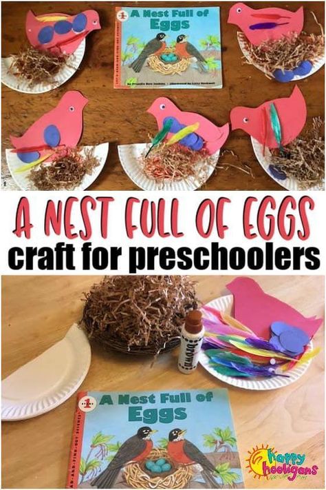 "A Nest Full of Eggs" Craft for Preschoolers - This easy bird craft is great for toddlers and preschoolers how are learning about birds, eggs, nests and bird families. There are suggestions for books to read to your children before doing this craft as well. #HappyHooligans #Crafts #Easy #Toddlers #Preschoolers #Preschool #Daycare #Activities #Birds #Nests #PaperCrafts Life Cycle Of A Bird Preschool, Nest Activities Preschool, Egg Theme Preschool, Bird Life Cycle Craft, Bird Life Cycle Preschool, Nest Preschool Craft, Bird Activities For Toddlers, Bird Activities Preschool, Bird Theme Preschool