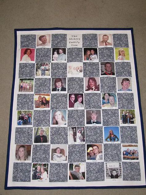 33 Amazing Photo Quilt Patterns & Ideas Quilts With Photos, Family Tree Quilt, Family Tree Photo, Photo Quilts, Keepsake Quilting, Tree Photo, Wedding Quilt, Tshirt Quilt, Picture Quilts