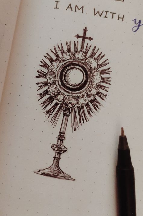 Rosary Art Drawing, Catholic Watercolor Art, Catholic Drawings Easy, Monstrance Drawing, Religious Sketches, Eucharist Art, Catholic Drawings, Religious Drawings, Catholic Watercolor