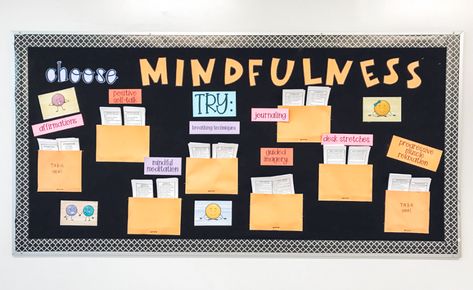 How to Use a Mindfulness Bulletin Board in Your School - Counselor Clique School Staff Wellbeing Board, School Psych Bulletin Boards, School Counseling Bulletin Boards High School, Destress Bulletin Board Ideas, Office Bulletin Board Ideas Business, Self Care Bulletin Board, Mindfulness Bulletin Board, Counseling Decor, Counselor Bulletin Boards