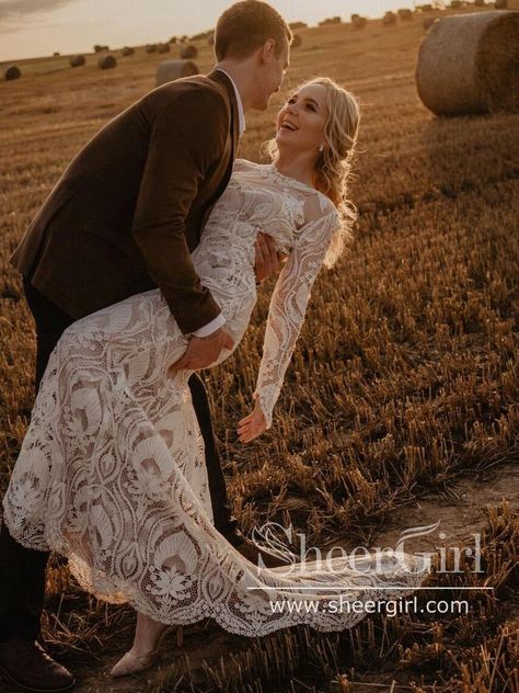 Elegant Sheer Long Sleeve Wedding Dress with Deep Bateau Neckline AWD1 – SheerGirl Sheer Long Sleeve Wedding Dress, Long Sleeve Bohemian Wedding Dress, Mermaid Custom, Floral Lace Wedding Dress, Chapel Train Wedding Dress, Bohemian Wedding Dress Lace, Beach Wedding Gown, Long Sleeve Wedding Dress, Trumpet Wedding Dress