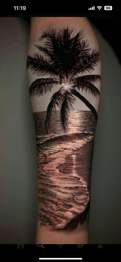 Zee Tattoo, Sea Tattoo Sleeve, Beach Tattoo Ideas, Beach Inspired Tattoos, Beachy Tattoos, Rib Tattoos For Guys, Feminine Tattoo Sleeves, Sea Tattoo, Palm Tattoos