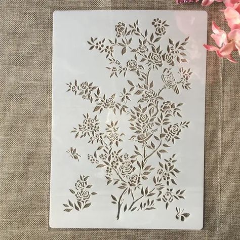 A4 29cm Rose Plants Birds Diy Layering Stencils Wall Painting Scrapbook Coloring Embossing Album Decorative Template - Stencils - AliExpress Easy Stencil Designs Flower, Bodacious Blooms Stencil, Rose Stencil Wall, Flower Vine Stencil, Wisteria Wall Stencil, Flower Stencil Patterns Floral Border, Bird Stencil, Planting Roses, Stencils Wall