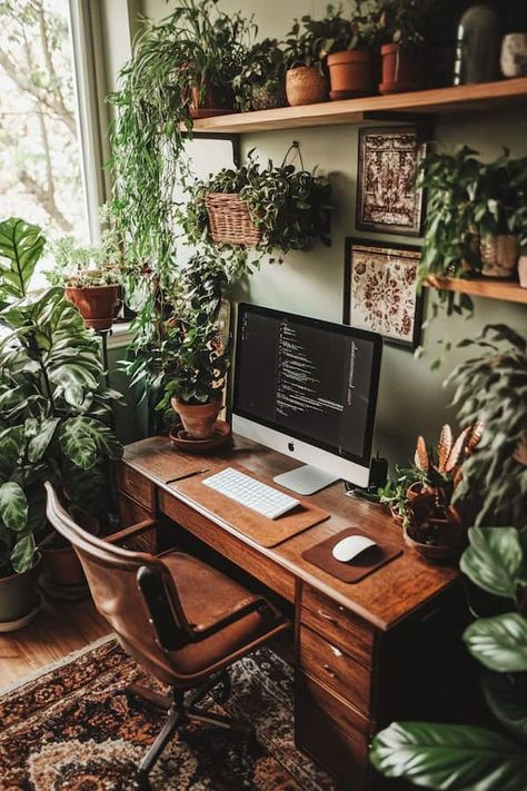 28 Home Office Ideas That You Should Try - Drop By My Home Cozy Office Inspiration, Light And Bright Home Office, Home Office Desk Inspiration, Home Office Therapist, Home Office Programmer, Awkward Office Space Ideas, Round Desk Office Ideas, Earth Tone Office Design, Cozy Office Design