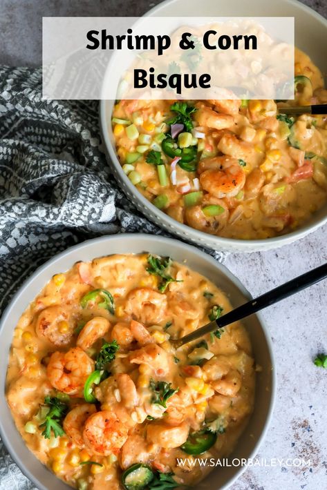 You will love this luxurious, shrimp and corn bisque. It's a big hug in a bowl, full of corn, shrimp and crab in every bite. Ready in 30 minutes or less and insanely easy to make! via @sailor_bailey Sailor Bailey Shrimp And Corn Bisque, Shrimp Corn Bisque Soup, Shrimp Recipes Breakfast, Creamy Shrimp And Corn Bisque, Shrimp Crab Corn Bisque, Shrimp Corn Soup, Shrimp And Corn Bisque Louisiana, Shrimp And Corn Recipes, Corn Shrimp Chowder