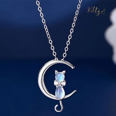 www.KittySensations.com Moon Kitty Necklace in Natural Moonstone and Solid 925 Sterling Silver ($22.58): https://www.kittysensations.com/products/moon-kitty-necklace-in-moonstone-and-solid-925-sterling-silver Gatto Carino, Ladies Necklace, Cat Pendant Necklace, Necklace Moon, Crescent Moon Necklace, Pendent Necklace, Cat Pendants, Trendy Necklaces, Cat Jewelry