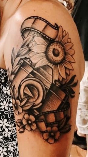 Sunflower Camera Tattoo, Sunflower Tattoo, Film Camera, Dreamcatcher Tattoo, Tattoos