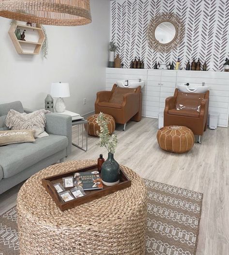 Boho Salon Shampoo Area, Hair Salon Boho Decor, Boho Themed Salon, Hair Salon Shampoo Back Bar Ideas, Decorating Salon Suite, Country Chic Salon Ideas, 2023 Salon Decor, Boho Chic Hair Salon, Boutique Salon Decor