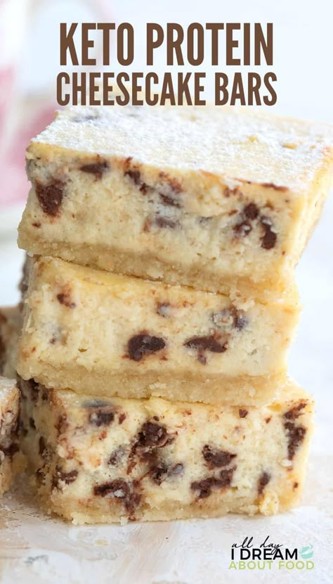 These creamy Keto Cheesecake Bars have all the flavor of your favorite cannoli. And they have 12g of protein and only 3.4g net carbs per serving! Keto Chocolate Chip Cheesecake, Keto Cannoli, Cannoli Cheesecake, Chocolate Chip Cheesecake Bars, Postre Keto, Chocolate Chip Cheesecake, Cheesecake Chocolate, Low Carb Cheesecake, Keto Chocolate Chips