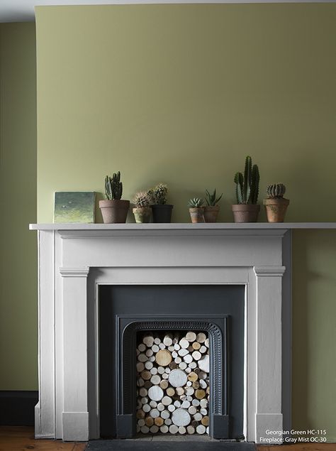 Back To The Roots Living Room!  Wall Color: Georgian Green  -  Fireplace Color: Gray Mist Green Fireplace, Green Interior Paint, Green Paint Colors, Benjamin Moore Colors, Green Colour Palette, Storing Paint, Interior Renovation, Room Color, Interior Paint Colors