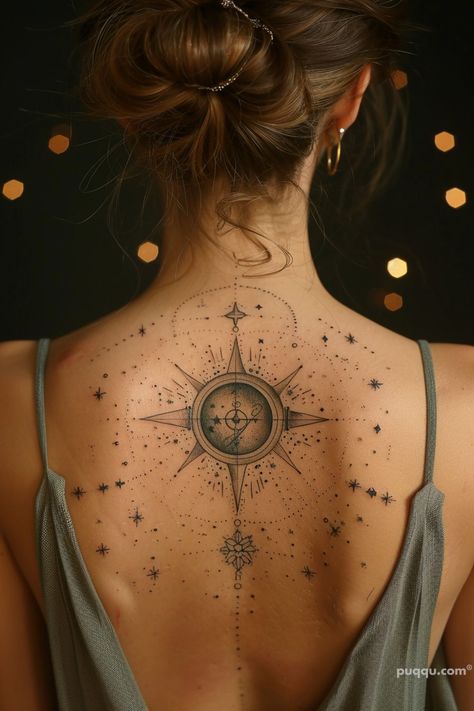 Celestial Tattoo Ideas: Unlock the Cosmic Artistry in Your Ink - Puqqu Night And Day Tattoos Ideas, Celestial Back Tattoo, Celestial Tattoo Ideas, Graphic Tattoos, Shooting Star Tattoo, Cosmic Tattoo, Science Tattoos, Celestial Tattoo, Upper Back Tattoos