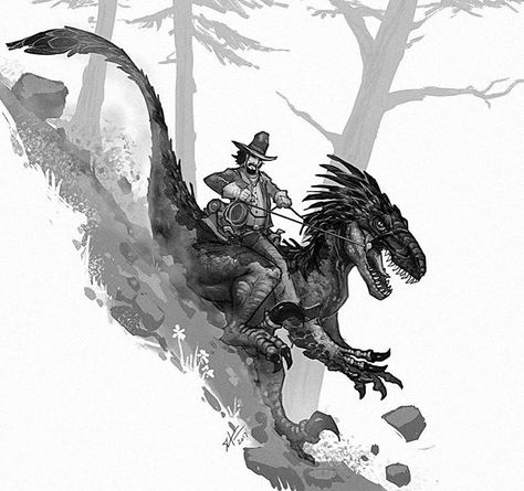 The quick way back to town. #oldwestdinosaurs #utahraptor #raptor #dinosaur #reptiles #cowboy #oldwest #conceptart #illustration #drawing #draw #digitalart #characterdesign #creaturedesign #instaart #art #artistsoninstagram #instagood Dinosaurs Of The Wild West, Shaun Keenan, Interesting Drawings, Dinosaur Drawing, Jurassic World Dinosaurs, Ark Survival Evolved, Paleo Art, Extinct Animals, Dinosaur Art