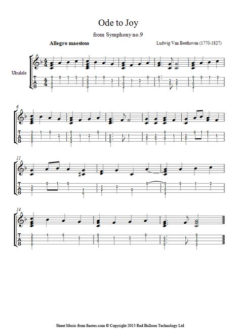 Beethoven -  Theme from Ode to Joy sheet music for Ukulele Ode To Joy Sheet Music, Speed Exercises, Ukulele Tablature, Ukulele Practice, Ukulele Fingerpicking Songs, Ukulele Tabs Songs, Ukulele Fingerpicking, Ukulele Songs Beginner, Learning Ukulele