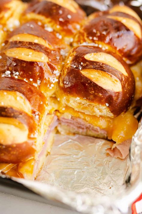 Ham And Cheese Sliders On Pretzel Hawaiian Rolls, Ham Pretzel Sliders, Ham And Brie Sliders, Turkey And Cheese Pretzel Sliders, Pretzel Ham And Cheese Sliders, Pretzel Roll Sliders Recipes, Pretzel Slider Buns, Ham And Cheese Pretzel Sliders, Hawaiian Pretzel Roll Sliders Recipes