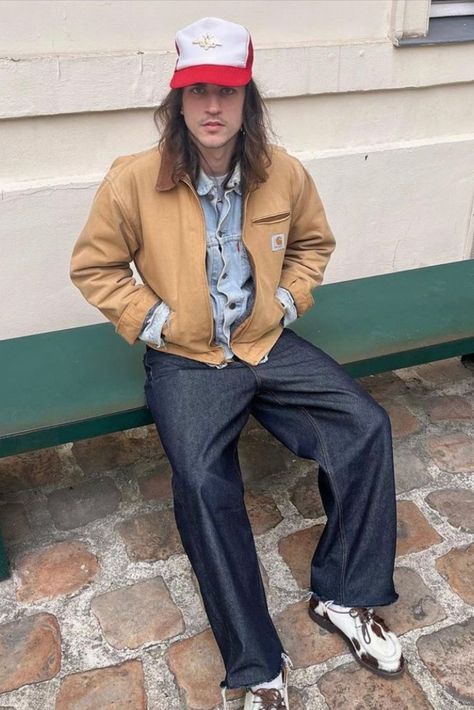 Carhartt Santa Fe Jacket Outfit, Jacob Eldori, Trucker Aesthetic, Trucker Jacket Outfit, Vintage Jeans Style, Detroit Jacket, Denim Jacket Vintage, Aesthetic 2024, Carhartt Jacket