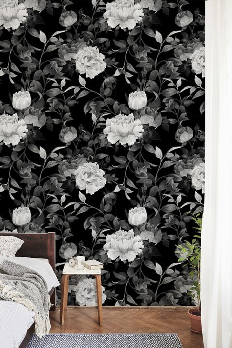 Black And White Seamless Backgroundwith Graphic Of Flowers. Customization available. Best for DIY projects. Best for tenants. Use on walls, wardrobes, table top, book shelves, refrigerator. Wallpaper home, Wallpaper in kitchen. #wallpaper #walls #wallcovering #wallmurals #wallpaperdecor #wallpapervinyl #mural #wallpapers #interiordecorating #interiorinspiration #decorhome #muralart #selfadhesivewallpaper #peelandstickwallpaper #interiordesign #wallpaperart #walldecor #homedecor #patterndesign Refrigerator Wallpaper, Vintage Rose Wallpaper, Black And White Floral Wallpaper, Peel And Stick Wallpaper Black, Floral Wallpaper Vintage, White Floral Wallpaper, Dark Floral Wallpaper, Wallpaper Walls, Wallpaper Black And White