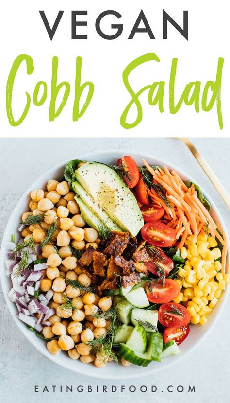 A vegan Cobb salad recipe that gives you all of the delicious flavors of a traditional Cobb salad along 19g of plant-based protein! Vegan, gluten-free and a perfect #saladeveryday meal-sized salad. #cobbsalad #plantpower #plantbased Vegan Cobb Salad, Postpartum Recipes, Noom Recipes, Cobb Salad Recipe, Starch Solution, Paleo Salads, Vegetarian Salad Recipes, Midnight Snack, Vegan Salad Recipes