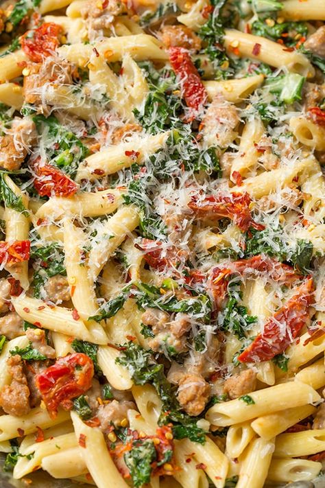 Creamy Kale and Turkey Sausage Pasta with Sun Dried Tomatoes - Cooking Classy Turkey Sausage Pasta, Pasta With Sun Dried Tomatoes, Turkey Sausage Recipes, Creamy Kale, Healthy Pasta Dishes, Turkey Pasta, Kale Pasta, Sausage Pasta Recipes, Cooking Tomatoes