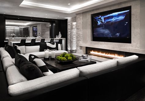 Gorgeous Black and white Luxury media room home theater decor with black and white sectional  #black #decor #gorgeous #homemovietheater #luxury #media #theater #white Luxury Living Room Inspiration, Home Theater Room Design, Theater Room Design, Media Room Design, Home Cinema Room, Home Theater Decor, Home Theater Rooms, Home Theater Design, Home Cinema