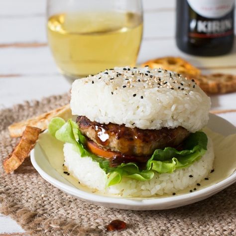 Rice Burger/Rice Recipes Category | Chopstick Chronicles Rice Receipes, Korean Burger, Okinawan Food, Rice Burger, Bento Meals, Teriyaki Rice, Teriyaki Burgers, Grilled Rice, Teriyaki Sauce Recipe