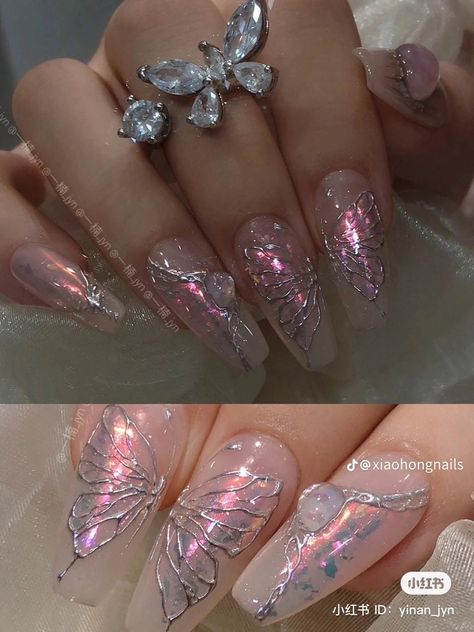 Iridescent Butterfly Nails, Fairy Theme Nails, Nail Designs Fairy, Fairy Wing Nails, Fantasy Nails Designs, Fairy Nails Acrylic, Fairy Nails Designs, Fairy Inspired Nails, Fairytale Nails