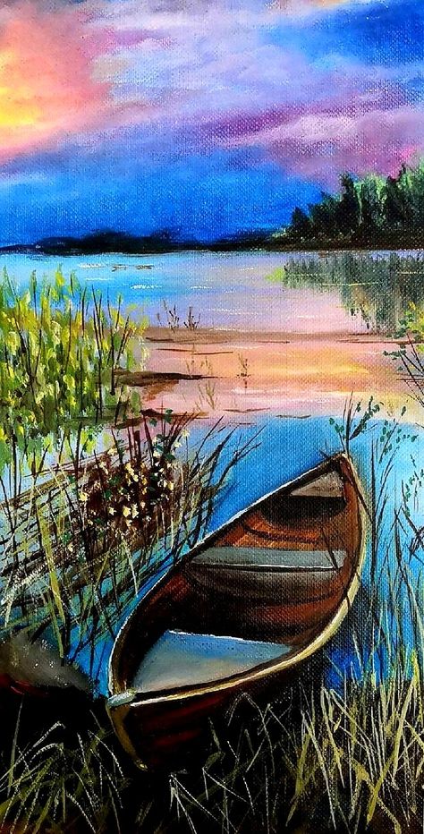 Lake With Boat Painting, Lake Dock Painting, Lake With Dock Painting, Lake With Lily Pads Painting, Danube Delta, Old Fishing Boats Paintings, Boat Wall Art, Boat Wall, Boat Art