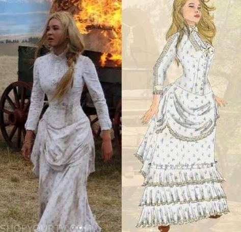 1883: Season 1 Elsa's White & Blue Floral Dress | Shop Your TV White Blue Floral Dress, Nude Dresses, Blue White Floral Dress, Nude Dress, Gibson Girl, Blue Floral Dress, Victorian Clothing, Floral Blue Dress, Historical Dresses