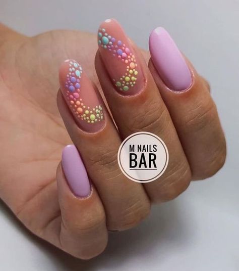 Pastel lavender polish with pastel ombre polka dots nail art on round nails Short Almond Nails Summer Designs, Spring Nails Bright, Polka Dot Nail Designs, Dot Nail Designs, Colorful Nails, Polka Dot Nails, Dots Nails, Nails 2023, Pink Nail