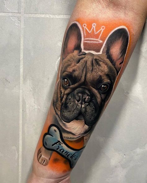 Pet Portrait Tattoo Placement, Tattoo Ideas Dog, Animal Stencil Art, Post Tattoo, French Bulldog Tattoo, Pug Tattoo, Neon Tattoo, Dog Tattoo Ideas, P Tattoo