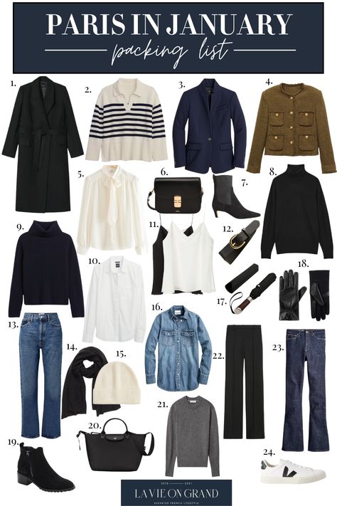 Graphic of 24 pieces of clothing to pack for Paris in January. January Europe Outfits, Paris Outfits January, Weekend In Paris Outfits Winter, Paris Wardrobe Winter, Winter Fashion In Paris, Paris Capsule Wardrobe Winter, What To Wear In Italy In February, London January Outfit, Paris January Outfit