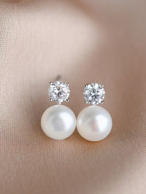 Silver Elegant,Vintage Collar  Copper   Embellished   Wedding & Event Pearl Earrings Studs, Princess Earrings, Copper Wedding, French Retro, White Princess, Bridesmaid Accessories, Pearl Stud Earrings, Elegant Earrings, Wedding Event