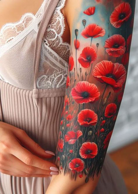 Ditch the sleepy vibes! This single poppy tattoo with a geometric twist is a bold take on the August birth flower. It's a reminder that you're a force to be reckoned with, passionate and bursting with energy. Don't let anyone put you to sleep! ⚡️ Poppy Sleeve Tattoos For Women, Realistic Poppy Tattoo, Women’s Sleeve Tattoo Ideas, August Poppy Flower Tattoo, Poppy Tattoo Sleeve, Season Tattoo, Sleepy Vibes, Red Poppy Tattoo, Tatuaje Cover Up