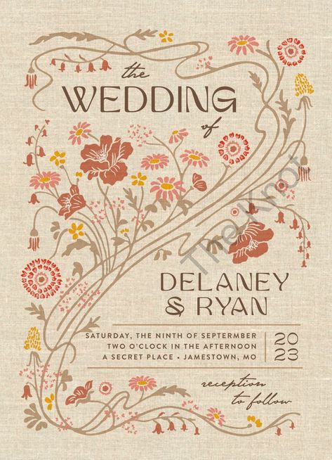 Nouveau Wedding Invitations, Wildflower Illustration, Wildflower Wedding Theme, Nouveau Wedding, Illustrated Wedding Invitations, Flower Invitation, Wildflower Wedding, Guest Books, Marriage Ceremony