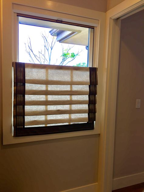 Bottom mounted roman shade covers lower half of window Window Shades From Bottom Up, Half Moon Window Shade, Roller Shade Widow Above Bed, Half Window Curtains, Window Styling, Kitchen Window Shutters Blinds.com, Roman Shade Kitchen Window Blinds.com, Bath Window, Diy Window Treatments