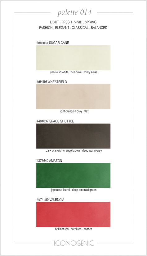 Elegant vivid spring color palette by Iconogenic. Pale Anise, Wheat, Emerald Green, Coral Red. Wheat Color Palette, Website Color Themes, Spring Color Palette, Palette Design, Deep Autumn, Spring Color, Color Palette Design, Color Psychology, Coral Red